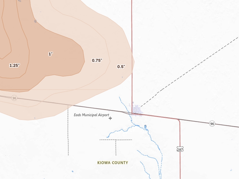 Radar-estimated hail-size map of the storm over Eads, CO on Jun 26, 2026