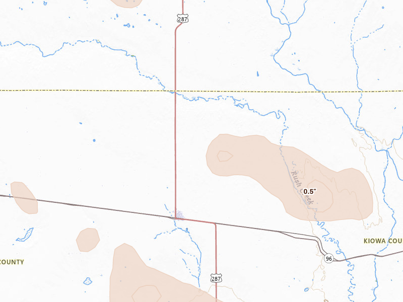 Radar-estimated hail-size map of the storm over Eads, CO on Aug 16, 2026