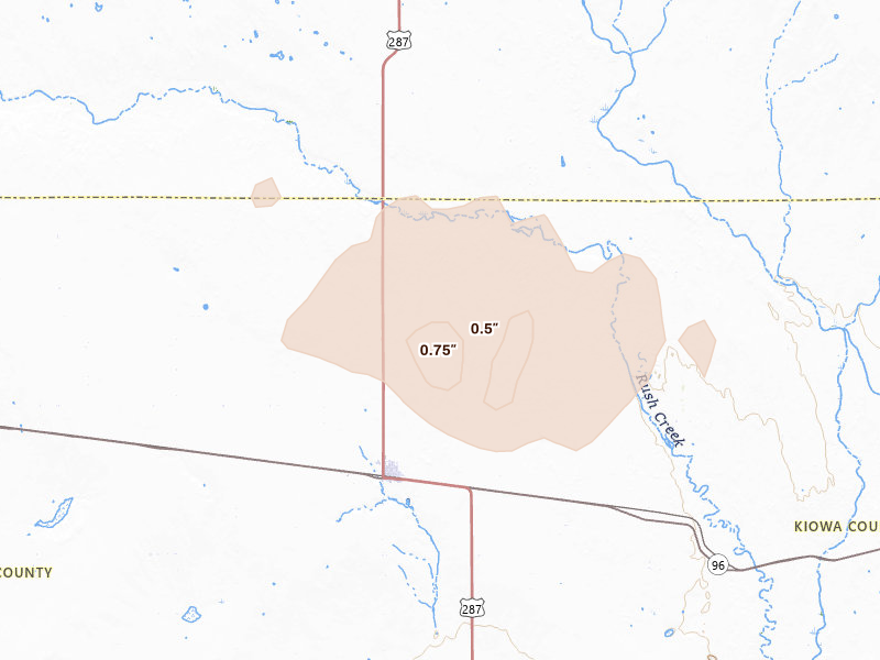 Radar-estimated hail-size map of the storm over Eads, CO on Aug 18, 2026