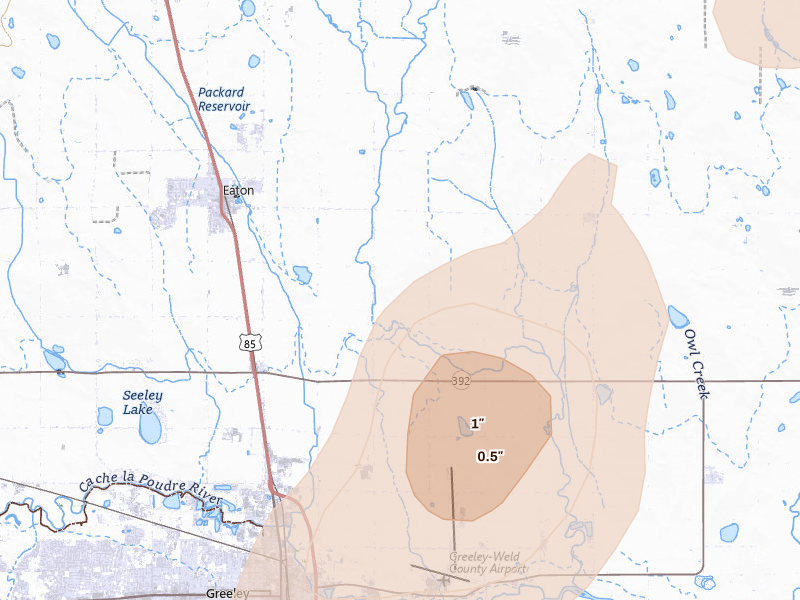 Radar-estimated hail-size map of the storm over Eaton, CO on Jun 3, 2026
