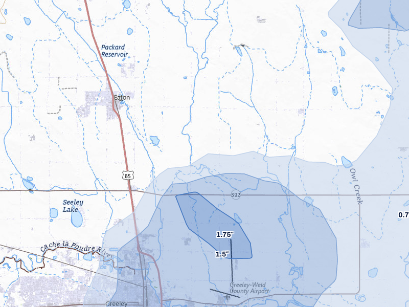 NEXRAD radar-signature map of the hail storm over Eaton, CO on Jun 3, 2026