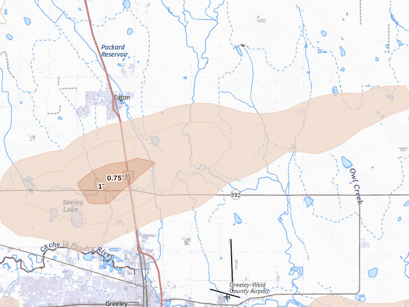 Radar-estimated hail-size map of the storm over Eaton, CO on Jun 20, 2026