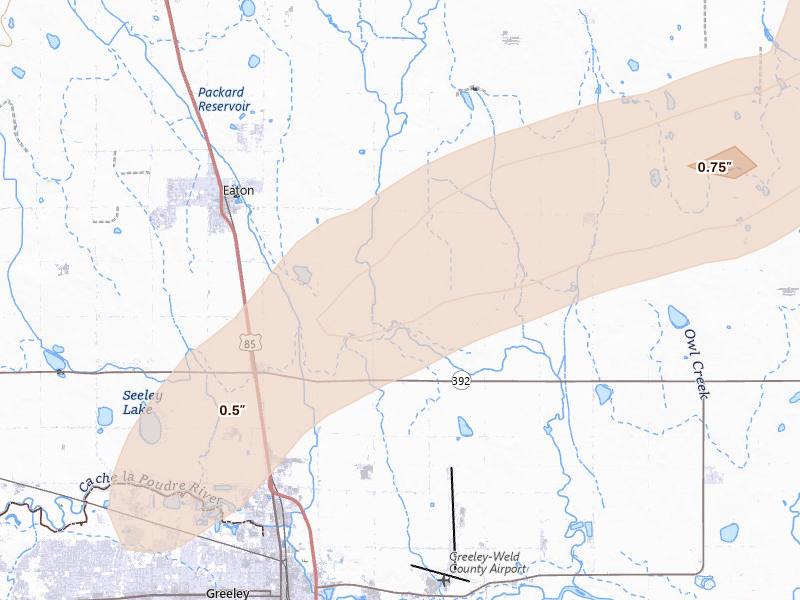 Radar-estimated hail-size map of the storm over Eaton, CO on Jun 26, 2026