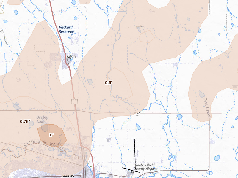 Radar-estimated hail-size map of the storm over Eaton, CO on Jul 1, 2026