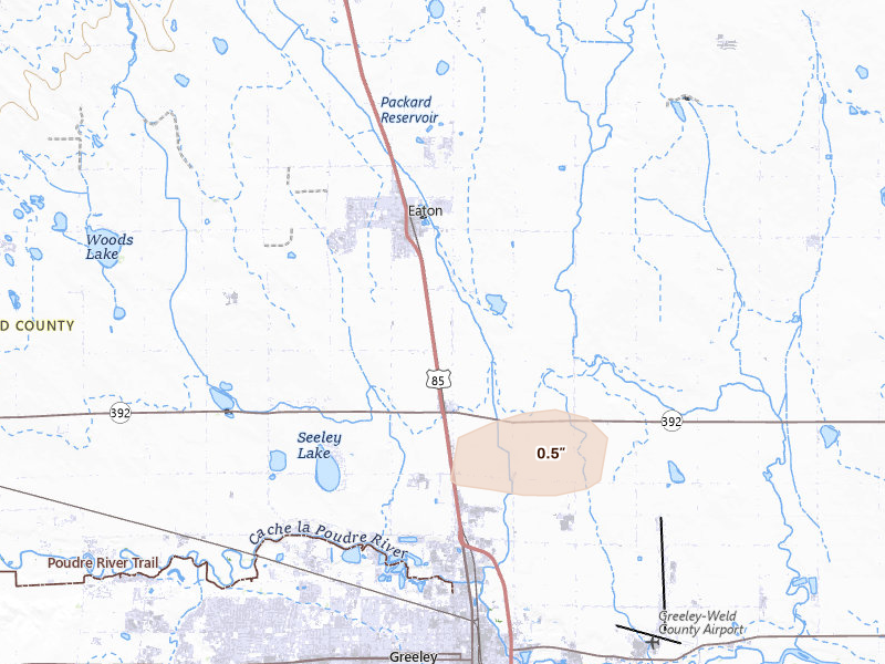 Radar-estimated hail-size map of the storm over Eaton, CO on Aug 14, 2026