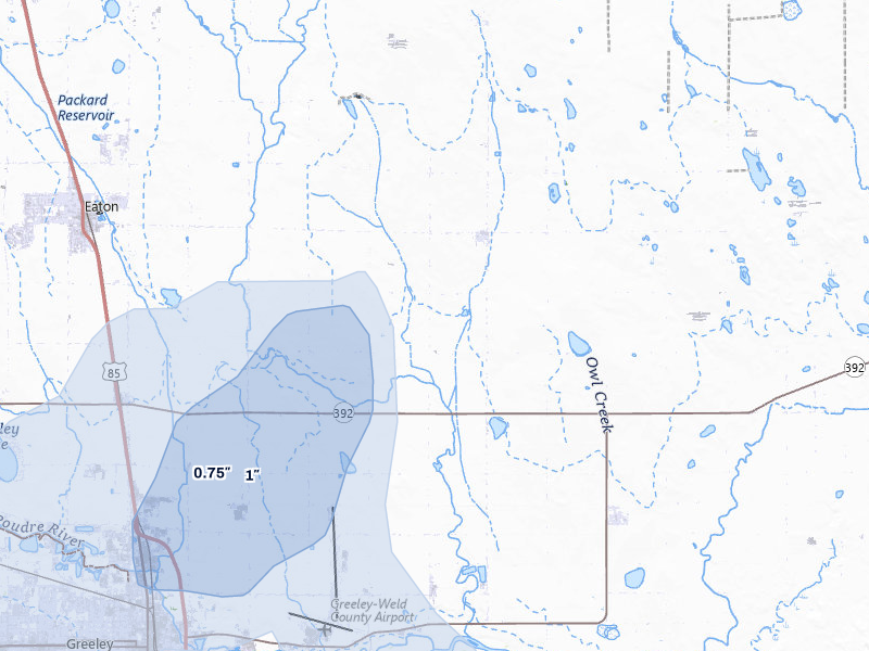 NEXRAD radar-signature map of the hail storm over Eaton, CO on Aug 14, 2026