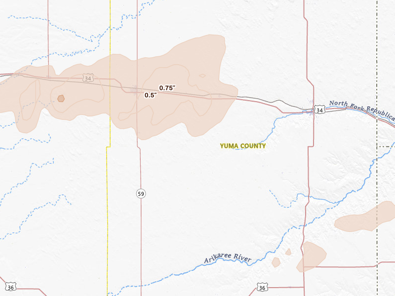 Radar-estimated hail-size map of the storm over Eckley, CO on Jun 1, 2026