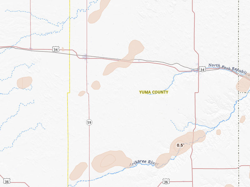 Radar-estimated hail-size map of the storm over Eckley, CO on Jun 8, 2026