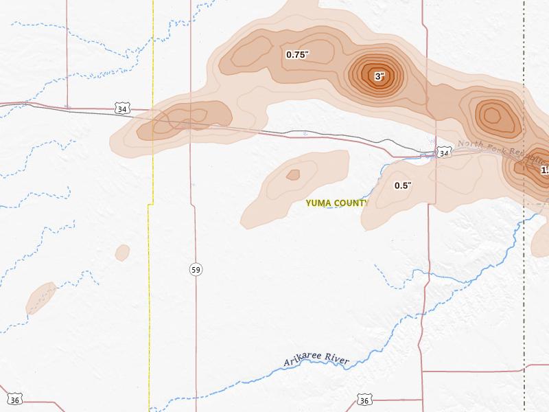 Radar-estimated hail-size map of the storm over Eckley, CO on Jun 20, 2026