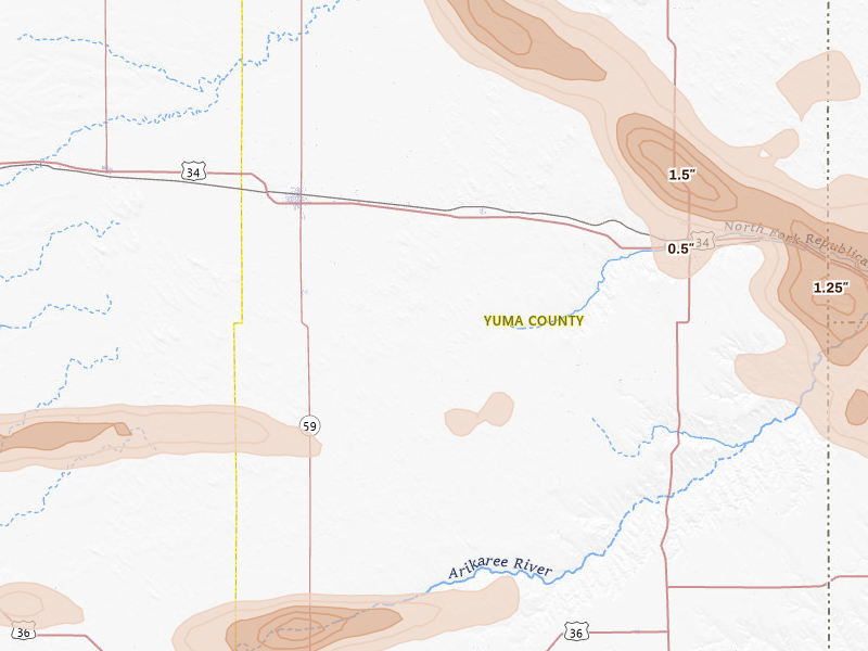 Radar-estimated hail-size map of the storm over Eckley, CO on Jun 21, 2026