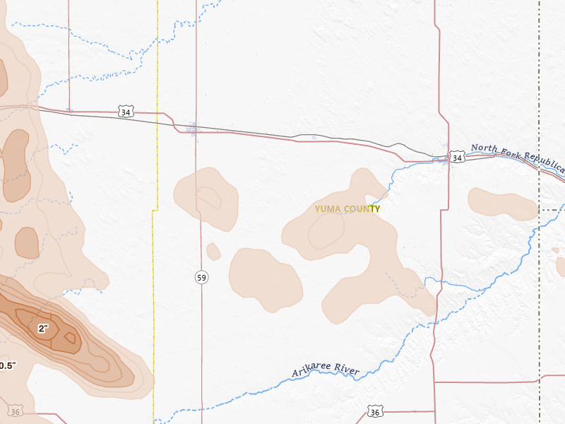 Radar-estimated hail-size map of the storm over Eckley, CO on Jun 24, 2026
