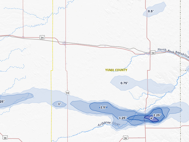 NEXRAD radar-signature map of the hail storm over Eckley, CO on Jul 2, 2026