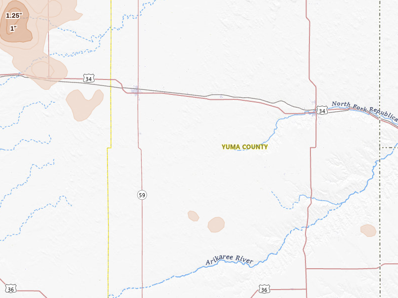 Radar-estimated hail-size map of the storm over Eckley, CO on Jul 9, 2026