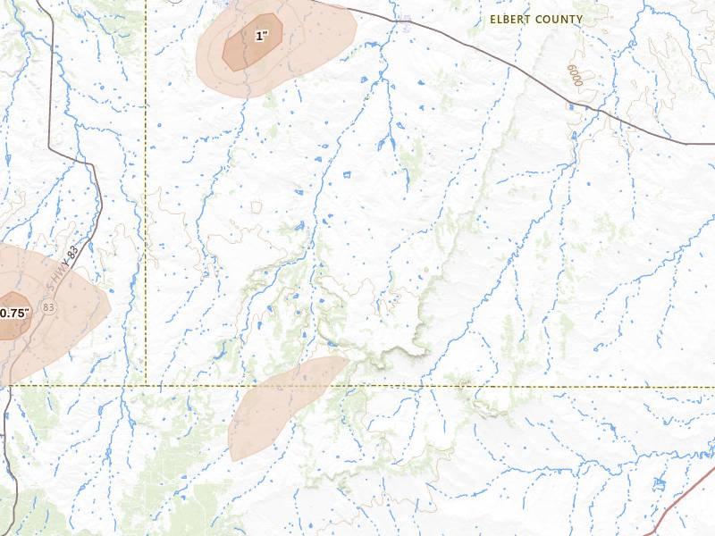 Radar-estimated hail-size map of the storm over Elbert, CO on Jun 1, 2026