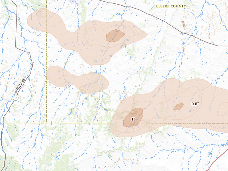Radar-estimated hail-size map of the storm over Elbert, CO on Jun 26, 2026