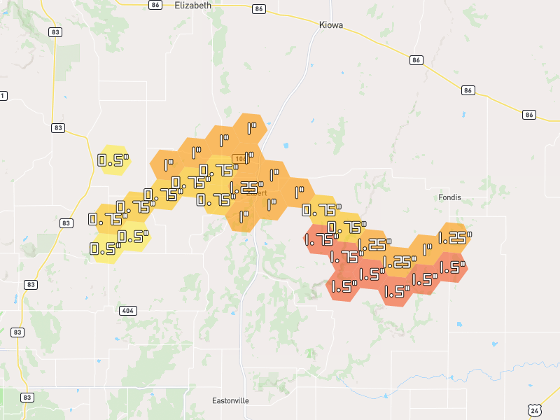 Hail map of Elbert, CO on Jun 26, 2026, hail up to 1.75"
