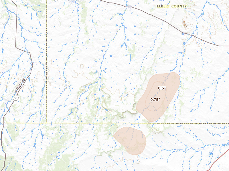 Radar-estimated hail-size map of the storm over Elbert, CO on Jul 10, 2026