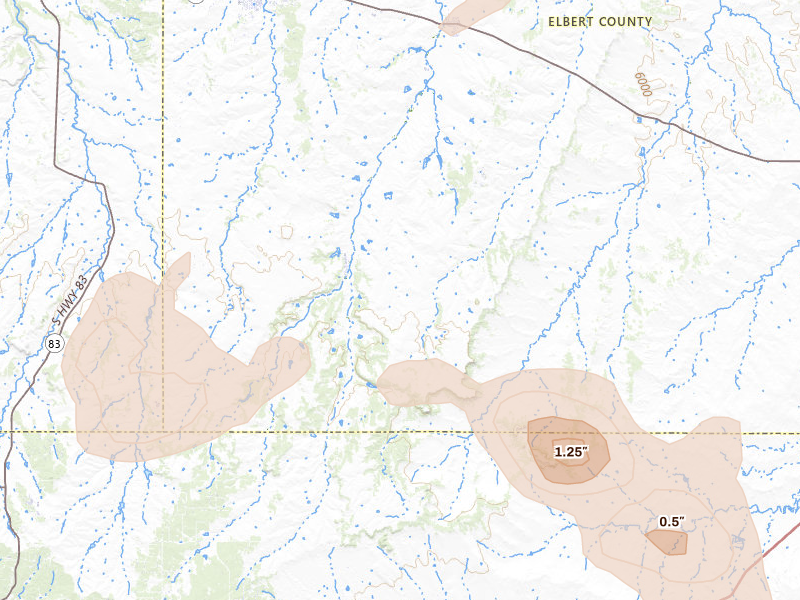 Radar-estimated hail-size map of the storm over Elbert, CO on Jul 28, 2026