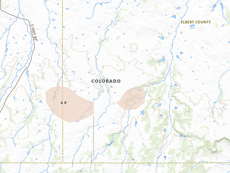 Radar-estimated hail-size map of the storm over Elbert, CO on Aug 16, 2026