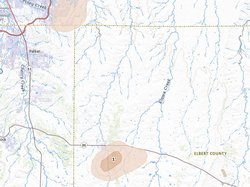 Radar-estimated hail-size map of the storm over Elizabeth, CO on Jun 1, 2026
