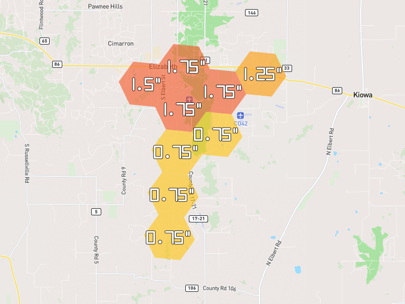 Hail map of Elizabeth, CO on Jun 1, 2026, hail up to 1.75"