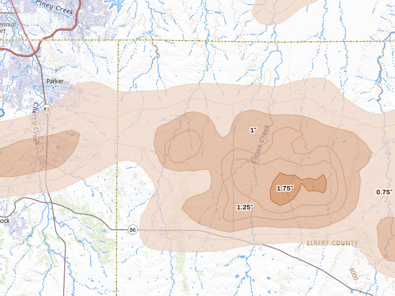 Radar-estimated hail-size map of the storm over Elizabeth, CO on Jun 8, 2026