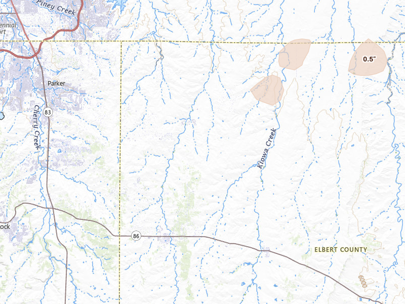 Radar-estimated hail-size map of the storm over Elizabeth, CO on Jun 20, 2026