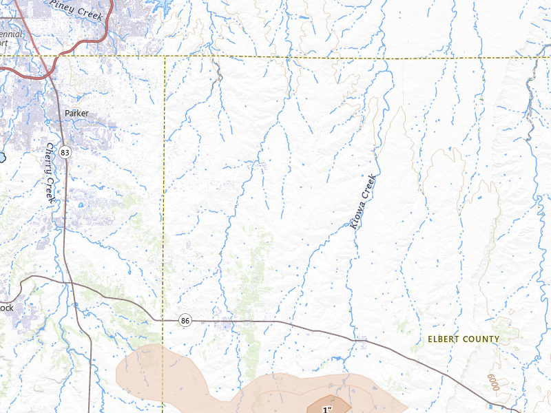 Radar-estimated hail-size map of the storm over Elizabeth, CO on Jun 26, 2026