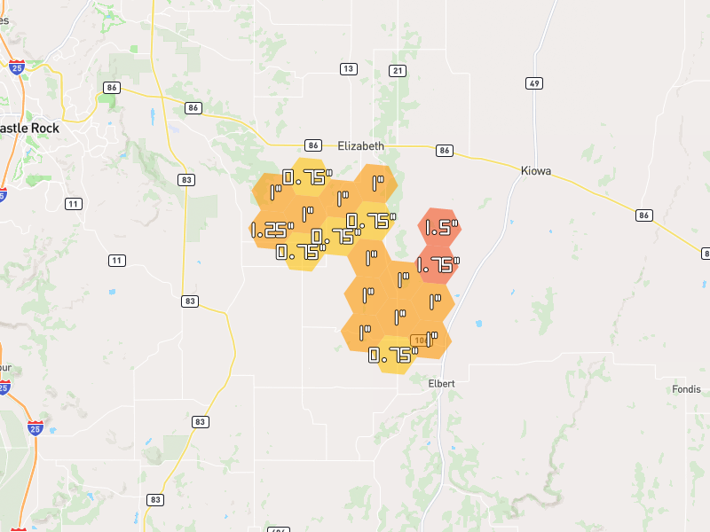 Hail map of Elizabeth, CO on Jun 26, 2026, hail up to 1.75"
