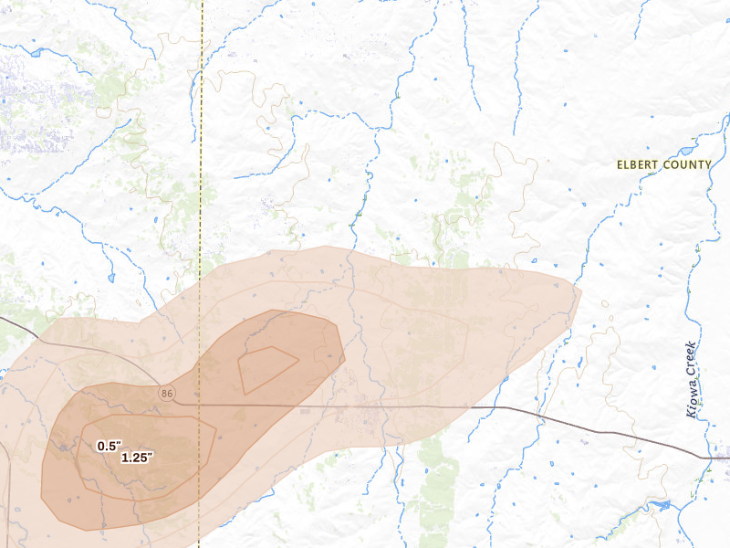Radar-estimated hail-size map of the storm over Elizabeth, CO on Aug 14, 2026