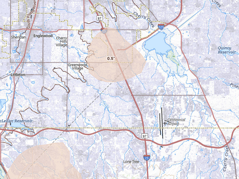 Radar-estimated hail-size map of the storm over Englewood, CO on Jun 1, 2026
