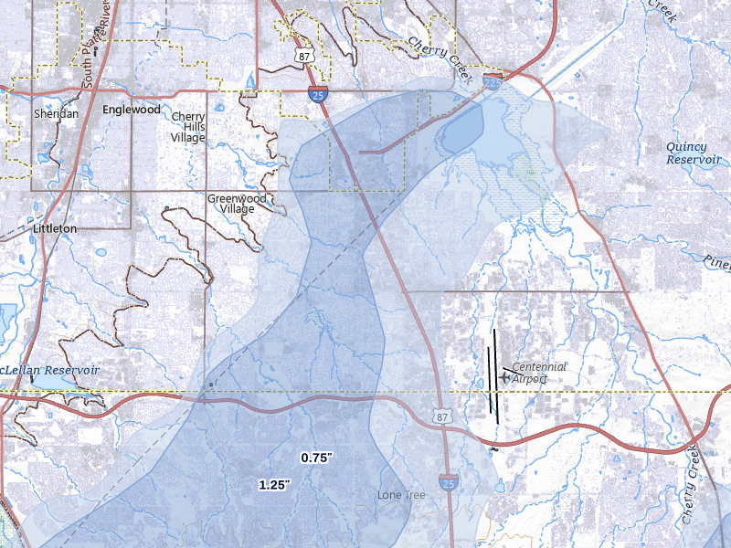 NEXRAD radar-signature map of the hail over Englewood, CO