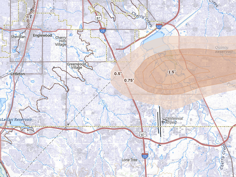 Radar-estimated hail-size map of the storm over Englewood, CO on Aug 13, 2026