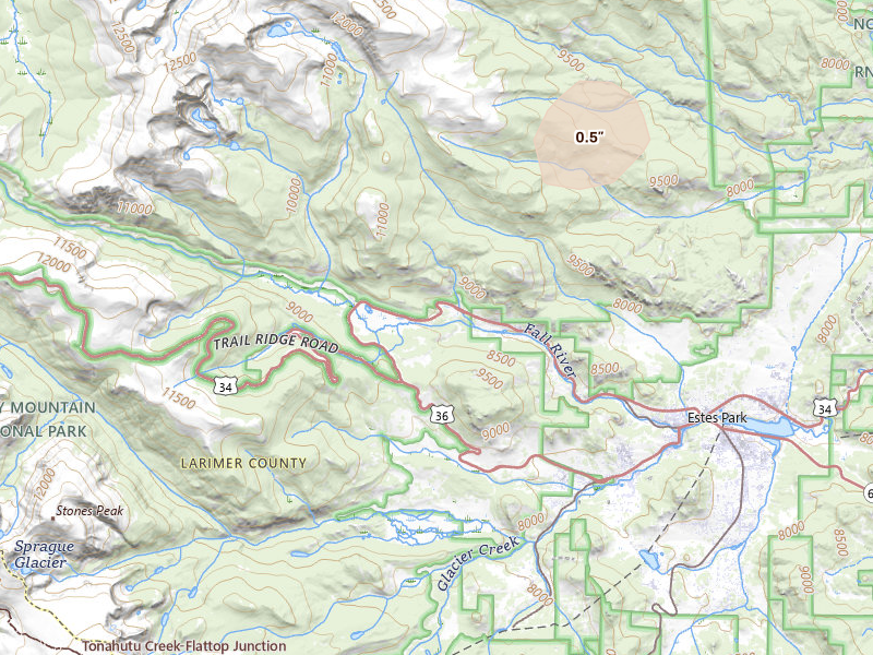 Radar-estimated hail-size map of the storm over Estes Park, CO on Jun 3, 2026