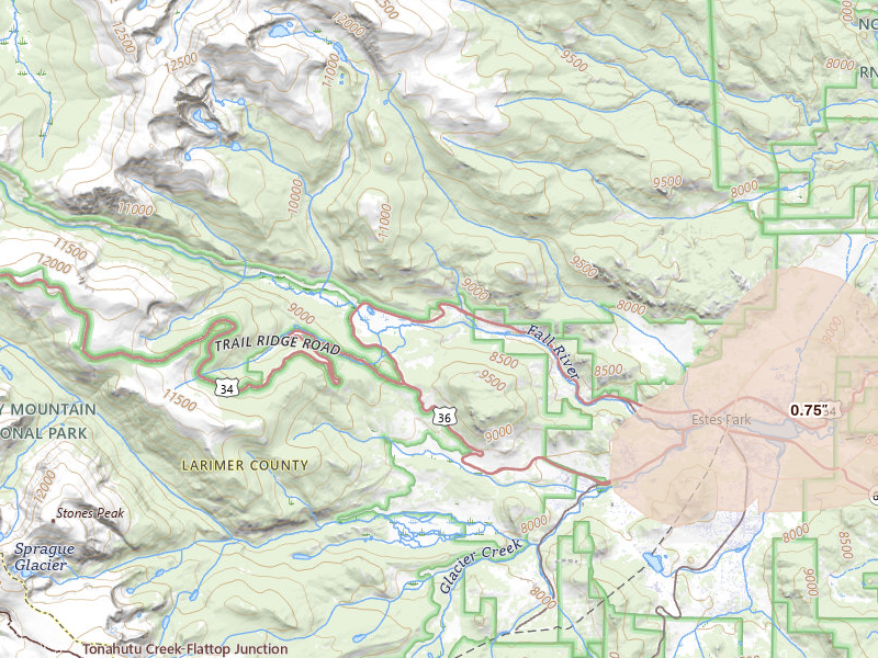 Radar-estimated hail-size map of the storm over Estes Park, CO on Jul 28, 2026
