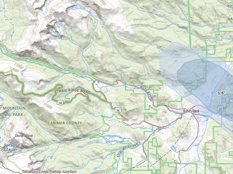 NEXRAD radar-signature map of the hail storm over Estes Park, CO on Jul 28, 2026