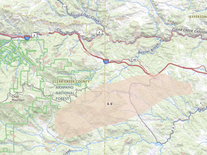 Radar-estimated hail-size map of the storm over Evergreen, CO on Jun 8, 2026