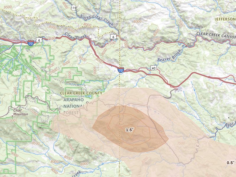 Radar-estimated hail-size map of the storm over Evergreen, CO on Jun 24, 2026
