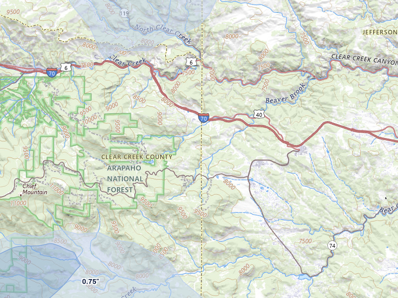 NEXRAD radar-signature map of the hail storm over Evergreen, CO on Jul 28, 2026