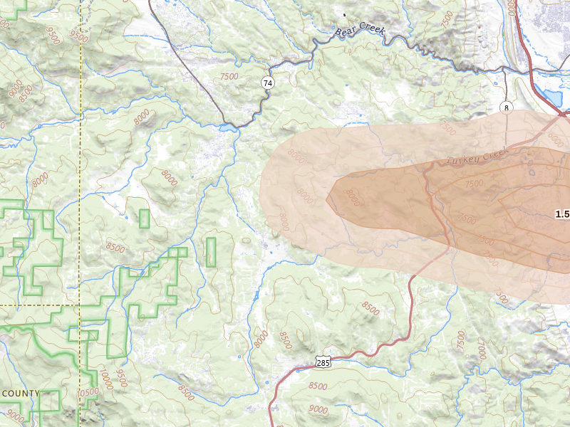 Radar-estimated hail-size map of the storm over Evergreen, CO on Aug 15, 2026