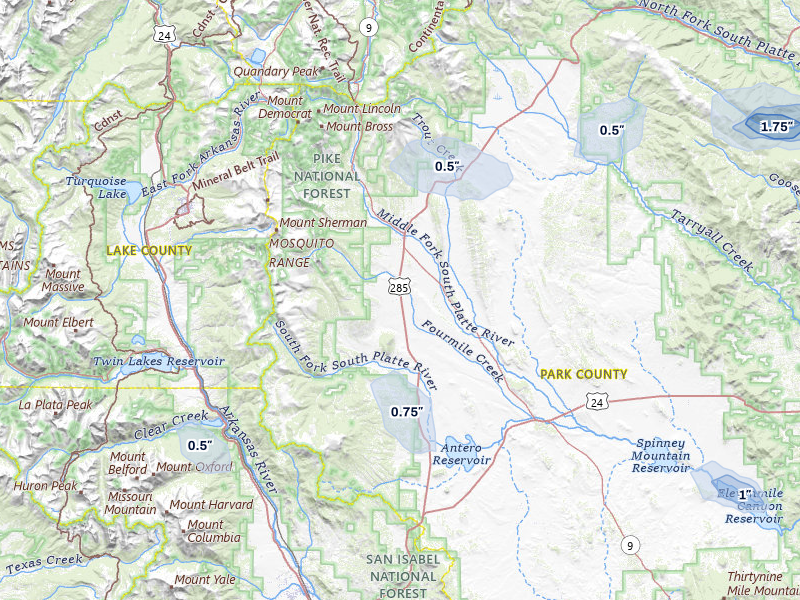 NEXRAD radar-signature map of the hail storm over Fairplay, CO on Jul 28, 2026