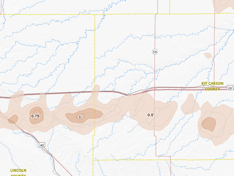 Radar-estimated hail-size map of the storm over Flagler, CO on May 16, 2026