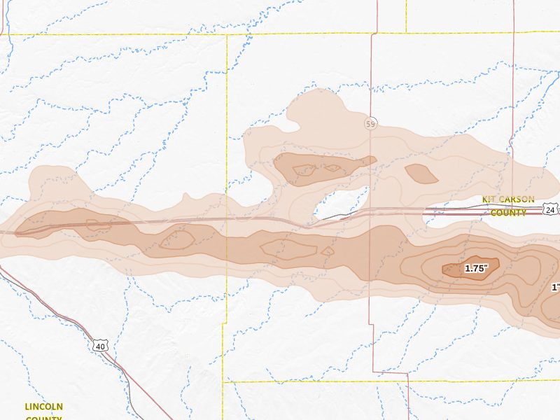 Radar-estimated hail-size map of the storm over Flagler, CO on May 17, 2026