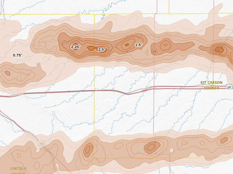 Radar-estimated hail-size map of the storm over Flagler, CO on Jun 8, 2026
