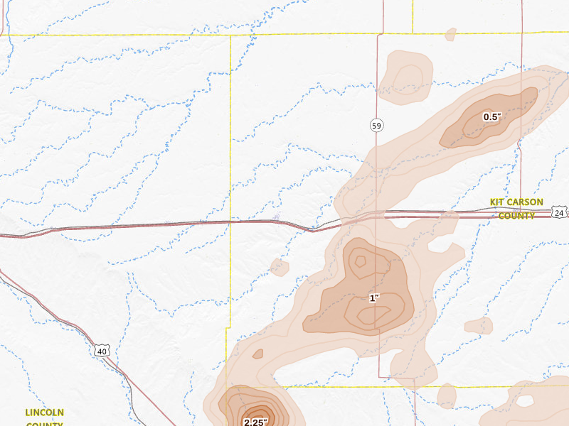 Radar-estimated hail-size map of the storm over Flagler, CO on Jun 26, 2026