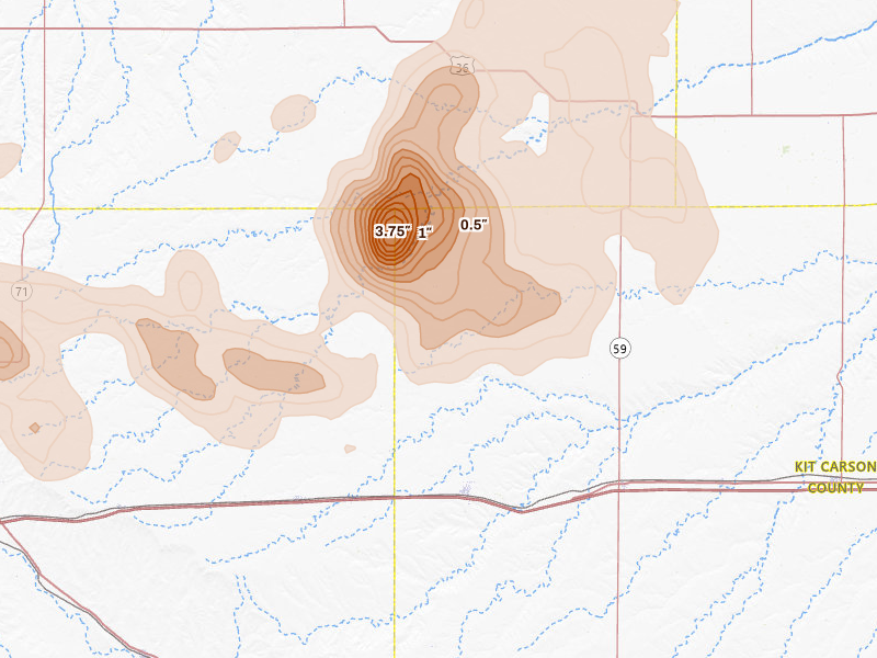 Radar-estimated hail-size map of the storm over Flagler, CO on Jul 3, 2026