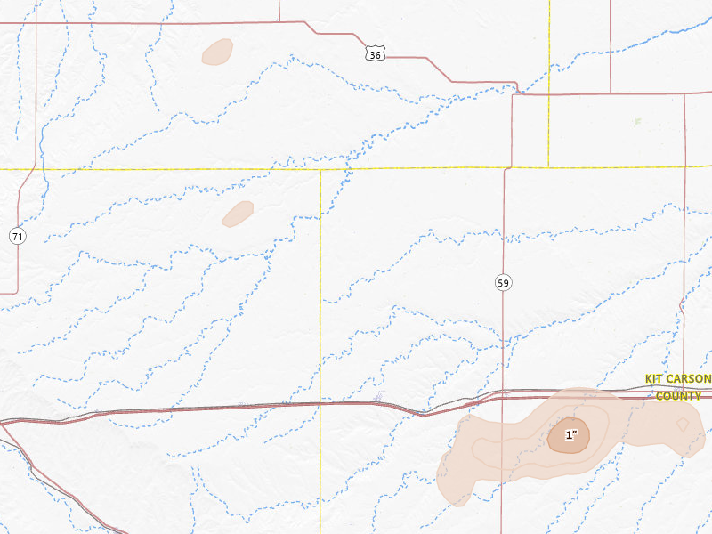 Radar-estimated hail-size map of the storm over Flagler, CO on Jul 7, 2026