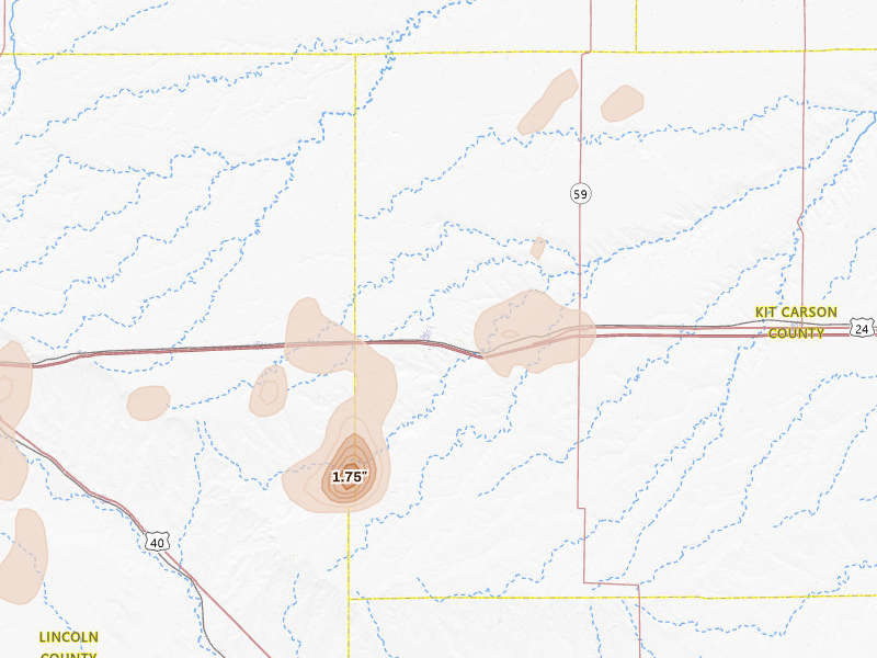 Radar-estimated hail-size map of the storm over Flagler, CO on Jul 22, 2026