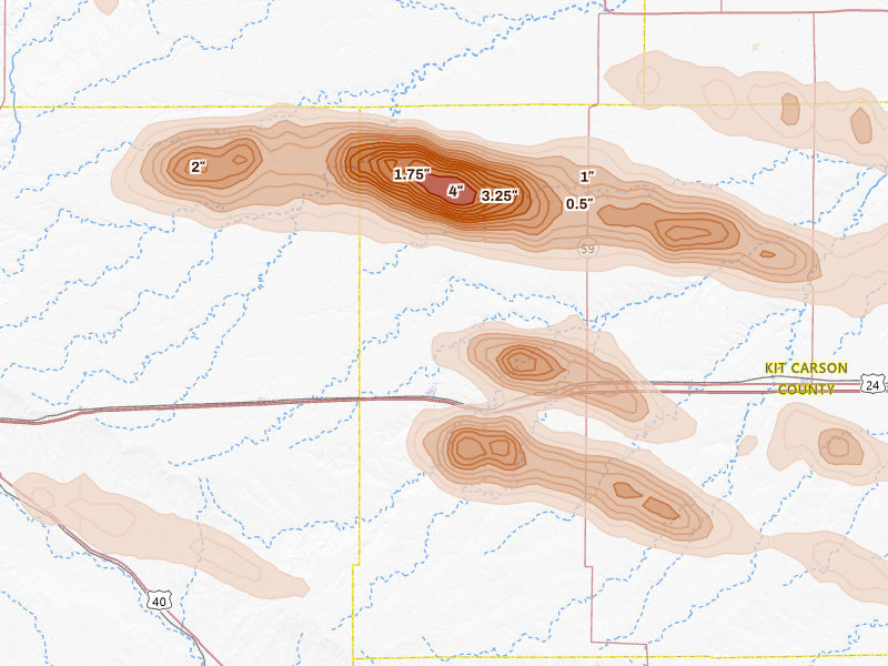 Radar-estimated hail-size map of the storm over Flagler, CO on Aug 19, 2026