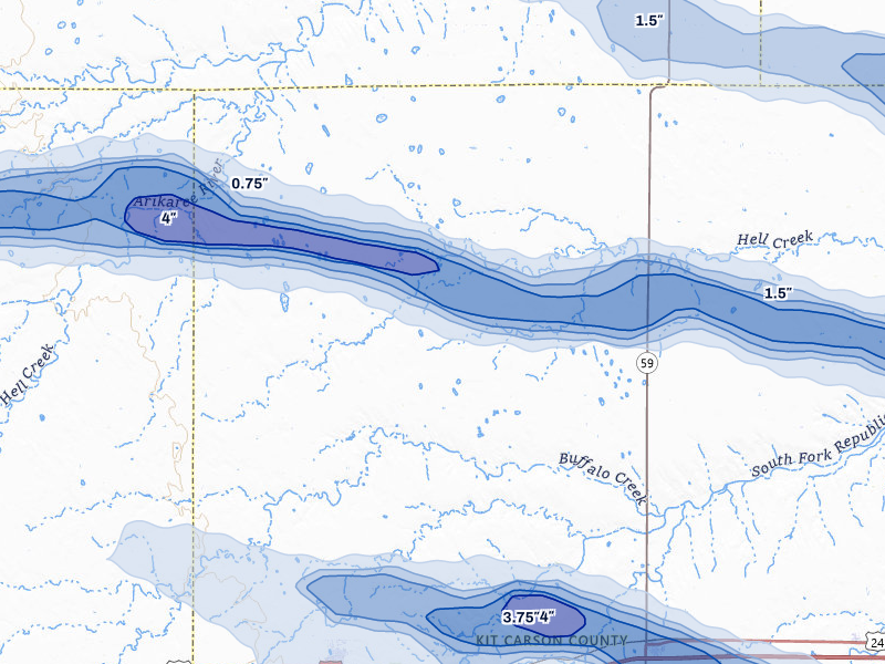 NEXRAD radar-signature map of the hail storm over Flagler, CO on Aug 19, 2026